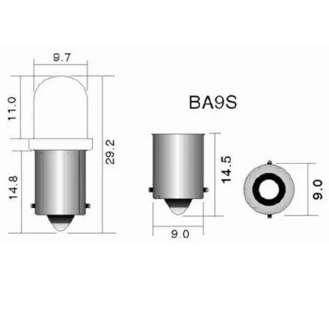 No da ningún tipo de error CanBus o de bombilla fundida como las led. homologada para ITV. Modelo a elegir: BA9S o BA9XS
La base de bayoneta mide 10 mm.